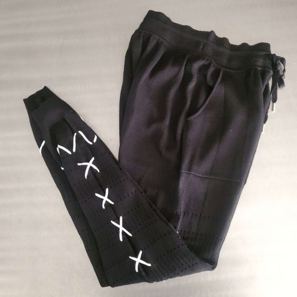 Jonathan Simkhai Black Lace-Up Pointelle Knit Jogger Pants Dark Romantic Small